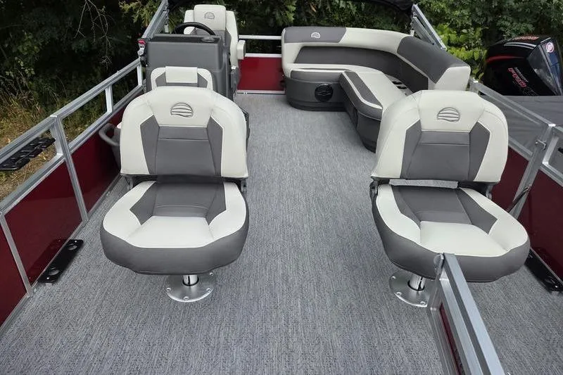 Slide: The Image of 2026 Sun Tracker BB 16 XLS pontoon boat interior with gray and white seating. - 7