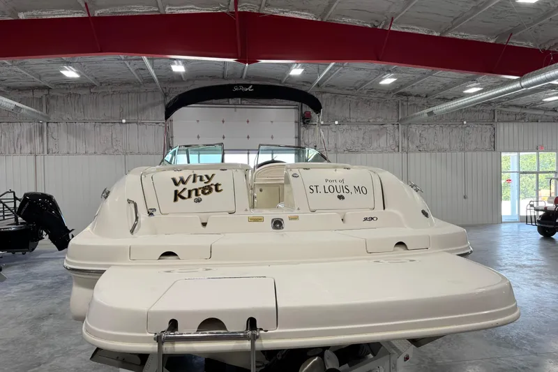 Slide: The Image of 2005 Sea Ray 290 SLX boat in warehouse, labeled "Why Knot," St. Louis, MO. - 5