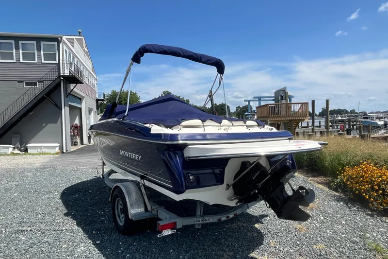 Slide: The Image of 2013 Monterey 184FS boat on trailer near marina, sunny day. - 3