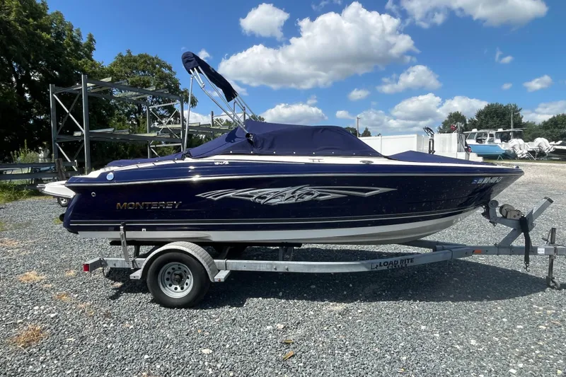 Slide: The Image of 2013 Monterey 184FS boat on trailer under blue sky with clouds. - 5