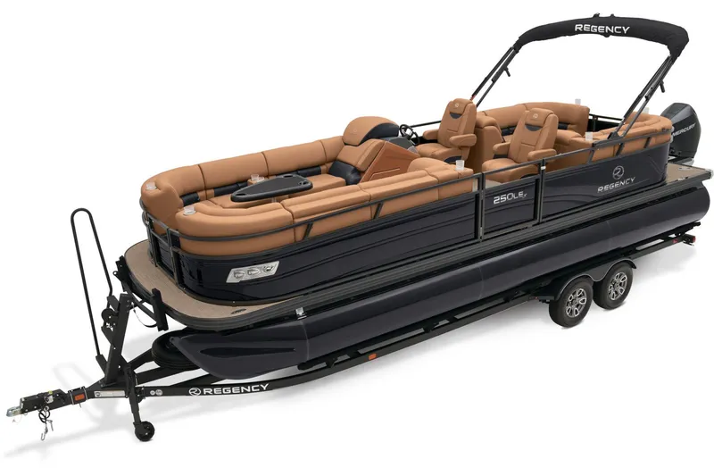 Slide: The Image of 2025 Regency 250 LE3 boat with powerful V8 engine displayed indoors. - 4
