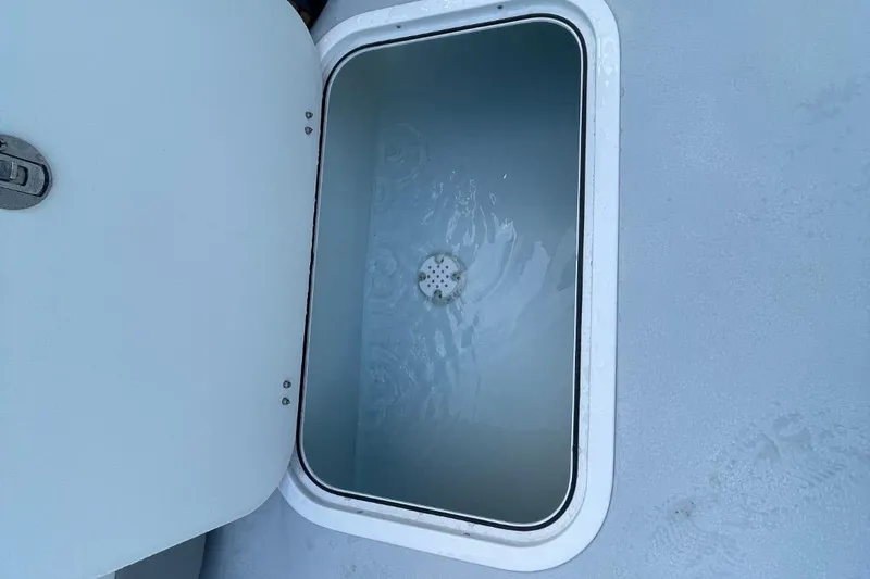 Slide: The Image of Open hatch on 2021 Steiger Craft 255 Chesapeake boat, showing interior compartment. - 14