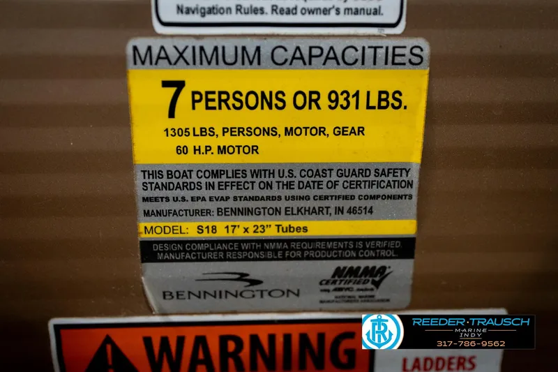 Slide: The Image of 2017 Bennington 18 SLX capacity label: 7 persons or 931 lbs, 60 HP motor. - 56