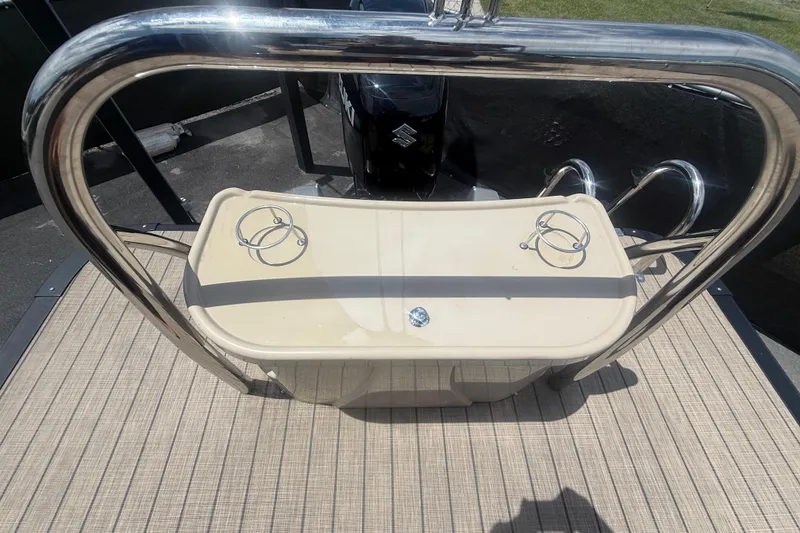 Slide: The Image of 2024 Tahoe Pontoon Grand Tahoe Elite Windshield 27' rear deck with stainless steel railing. - 39