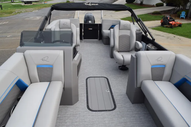 Slide: The Image of Luxurious 2025 Qwest L-Class 822 RLS pontoon boat interior with plush seating and modern design. - 11