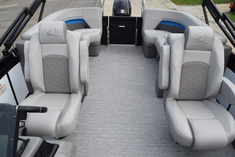 Slide: The Image of Luxurious interior of 2025 Qwest L-Class 822 RLS pontoon boat with plush seating. - 13
