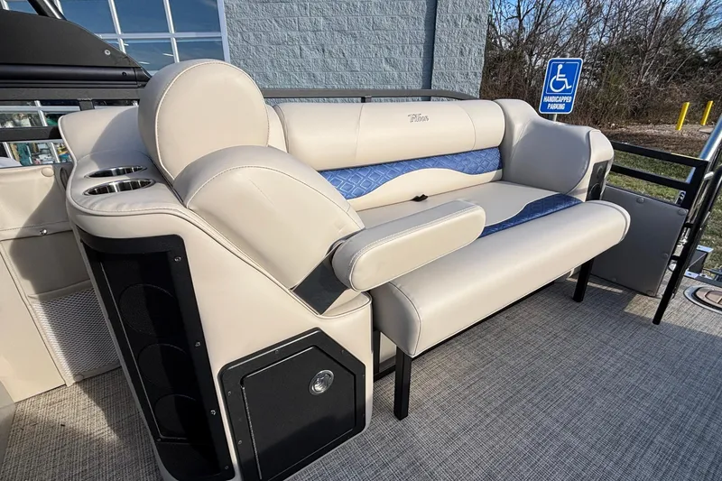 Slide: The Image of Luxurious seating on 2026 JC Neptoon 25TT Sport pontoon boat with cup holders. - 11