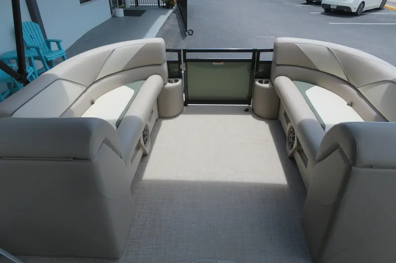 Slide: The Image of 2026 Avalon 2385 Venture 85 Rear Fish luxury tri-toon interior with beige seating, Sarasota, FL. - 46