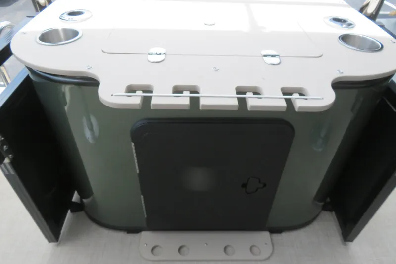 Slide: The Image of 2026 Avalon 2385 Venture 85 Rear Fish luxury tri-toon boat interior, featuring storage compartments. - 66