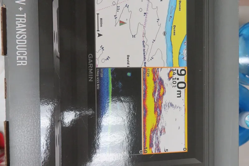 Slide: The Image of Garmin fishfinder display on Avalon 2385 Venture 85 Rear Fish, 2026 model. - 78