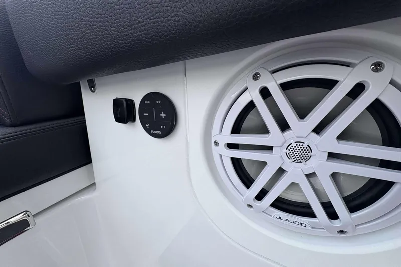 Slide: The Image of 2026 Monterey Elite 30 OB boat audio system with JL Audio speaker and Fusion controls. - 39