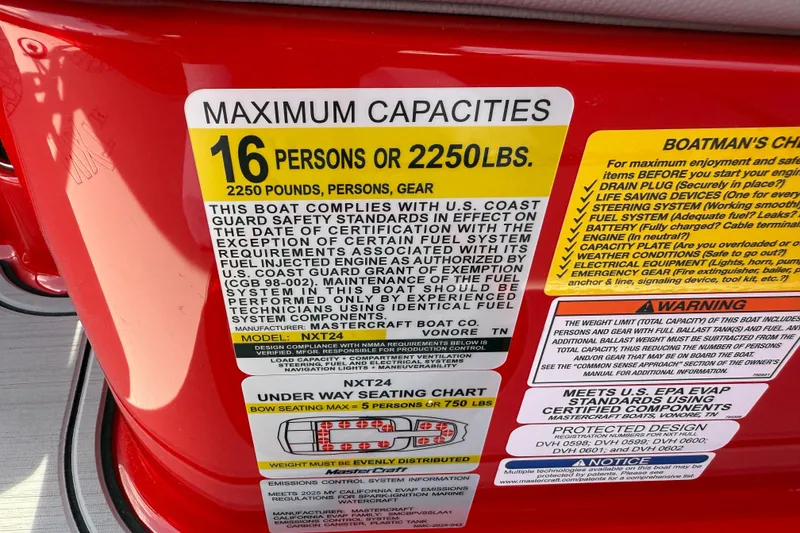 Slide: The Image of 2025 MasterCraft NXT24 capacity label, maximum 16 persons or 2250 lbs, safety compliance details. - 16