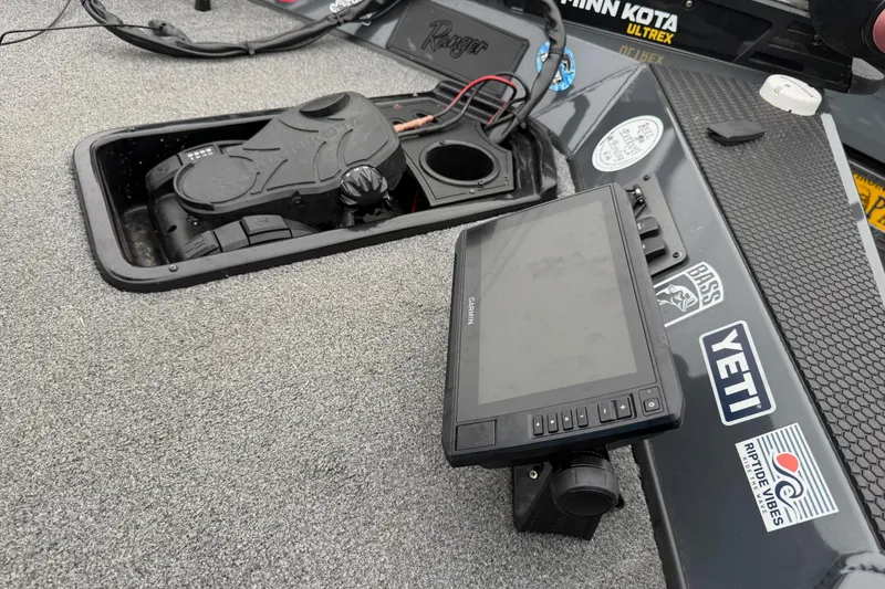 Slide: The Image of 2021 Ranger RT178 boat deck with Garmin display and Minn Kota Ultrex pedal. - 10