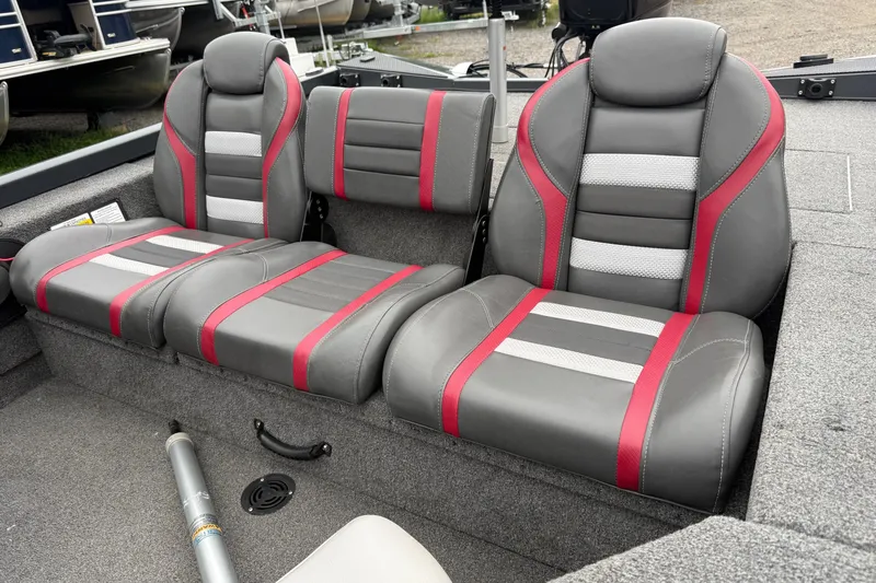 Slide: The Image of 2021 Ranger RT178 boat seats with gray, red, and white upholstery. - 6