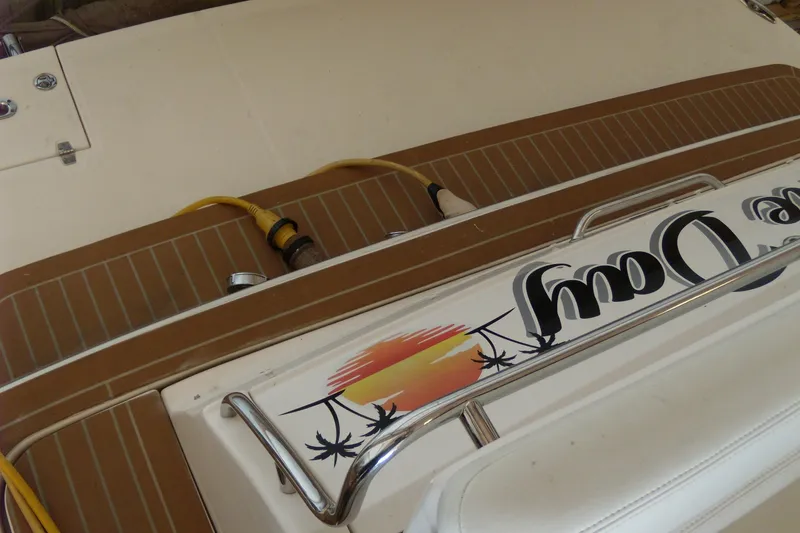 Slide: The Image of 2006 Regal Commodore 4460 boat deck with sunset graphic and power cables. - 11
