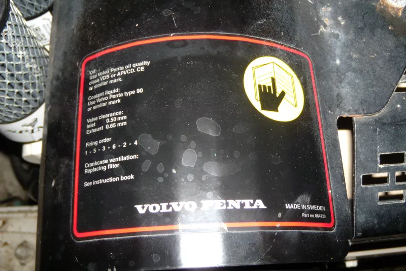 Slide: The Image of Volvo Penta engine label with oil and coolant specifications on a 2006 Regal Commodore 4460. - 20