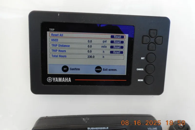 Slide: The Image of Yamaha display on 2020 Sea Fox 249 Avenger showing trip data and settings. - 15