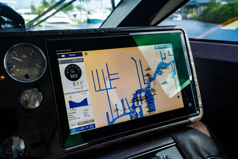Slide: The Image of Navigation system on 2010 Princess V78 yacht displaying a detailed marine map. - 31