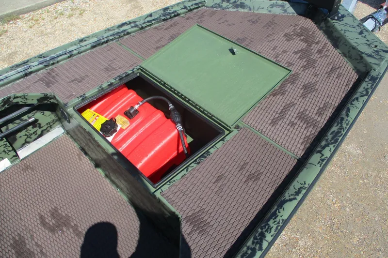 Slide: The Image of 2026 Gator Tail 1854 Extreme boat with open hatch revealing red fuel tank. - 10