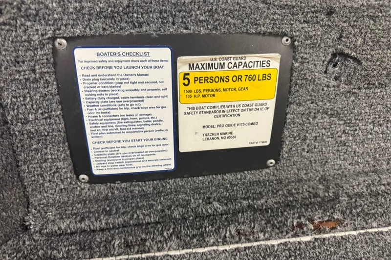 Slide: The Image of 2017 Tracker Pro Guide V-175 Combo capacity plate, 5 persons or 760 lbs limit. - 10