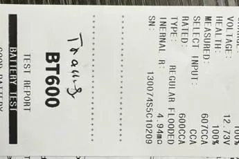 Slide: The Image of Battery test report for Crestliner 16 Kodiak 2013, showing voltage and CCA details. - 24