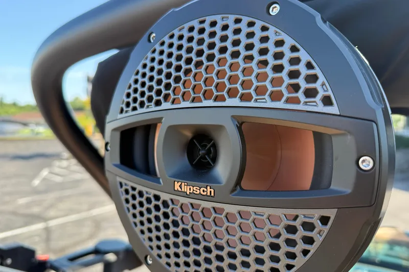 Slide: The Image of Klipsch speaker on 2025 MasterCraft XT24 boat, featuring a hexagonal grille design. - 16