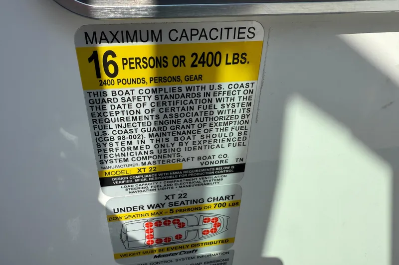 Slide: The Image of 2019 MasterCraft XT22 capacity label, maximum 16 persons or 2400 lbs, U.S. Coast Guard compliant. - 12