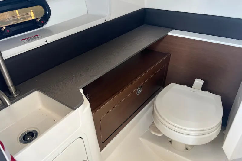 Slide: The Image of 2021 Sea Ray SDX 290 boat bathroom with sink, toilet, and storage cabinet. - 13
