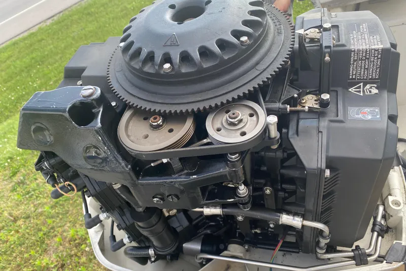 Slide: The Image of 1984 Hydra-Sports 2250 WA boat engine close-up, showcasing mechanical components and details. - 14