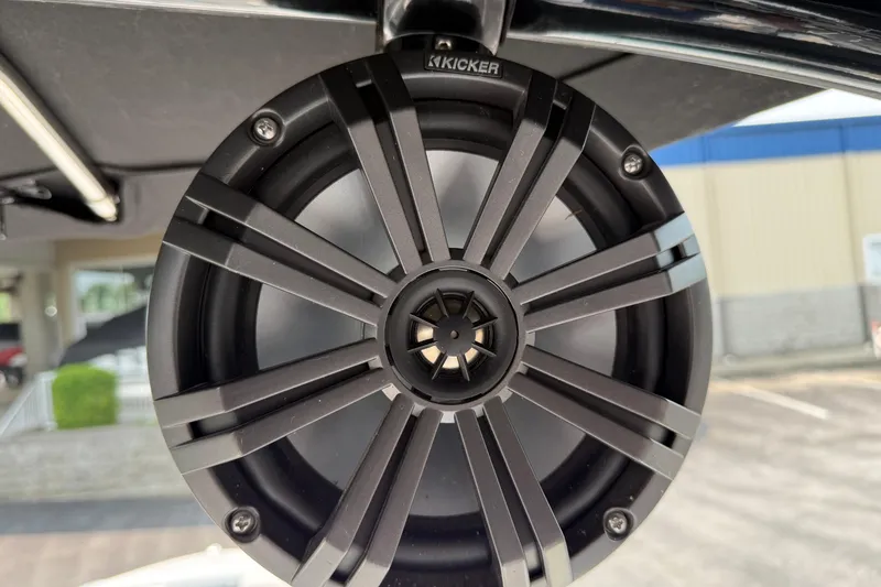 Slide: The Image of Kicker speaker on 2020 Chaparral 21 Surf boat, close-up view. - 26