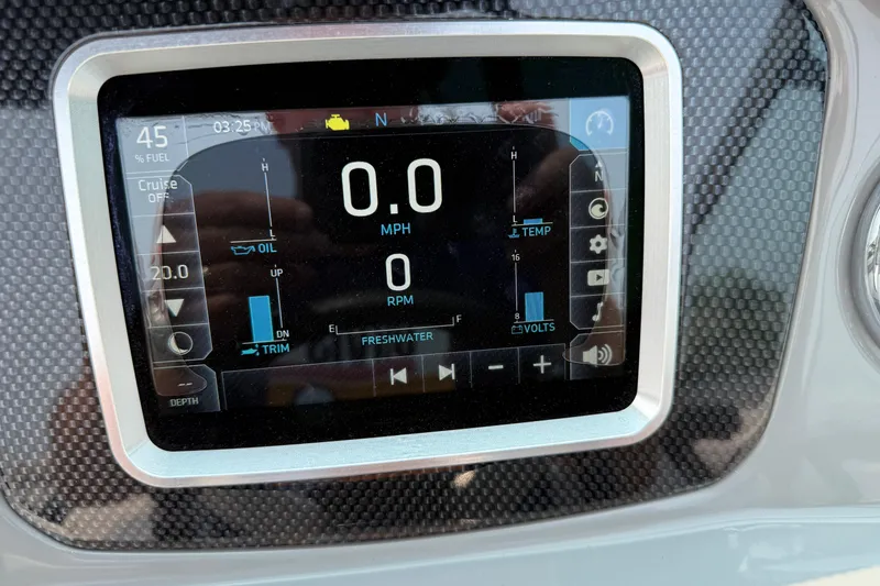 Slide: The Image of Dashboard display of a 2020 Chaparral 21 Surf boat showing speed, fuel, and system indicators. - 9