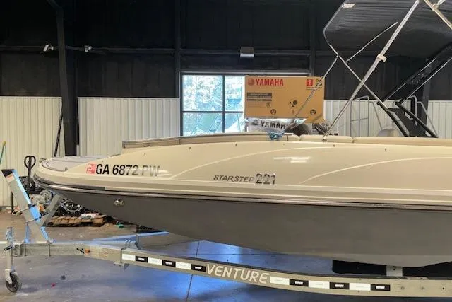 Slide: The Image of 2022 Starcraft Starstep 221 boat on trailer in a garage setting. - 10