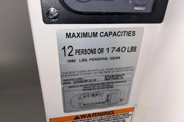 Slide: The Image of 2022 Starcraft Starstep 221 capacity label: 12 persons or 1740 lbs, safety compliance. - 39