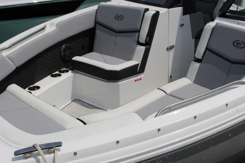 Slide: The Image of 2025 Cobalt R8 Surf boat interior with sleek seating and modern design. - 30