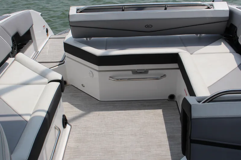 Slide: The Image of 2025 Cobalt R8 Surf boat interior with sleek seating and modern design. - 35