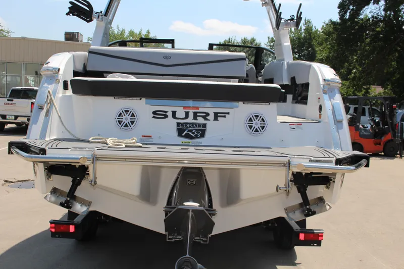 Slide: The Image of 2025 Cobalt R8 Surf boat rear view, showcasing sleek design and modern features. - 39