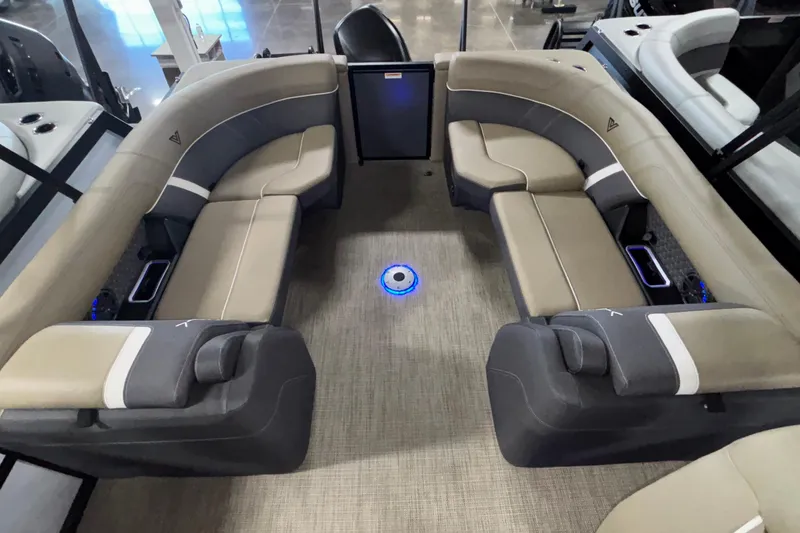 Slide: The Image of Luxurious interior of 2026 Viaggio Z24U boat with plush seating and ambient lighting. - 13