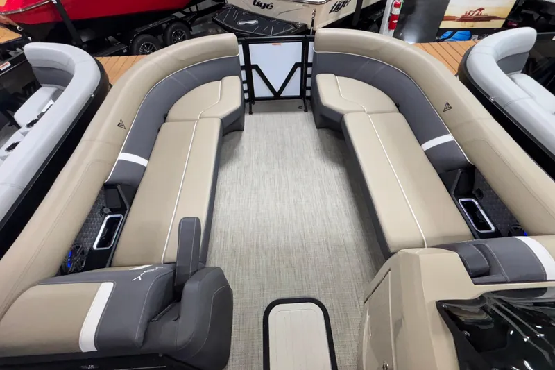 Slide: The Image of Interior of 2026 Viaggio Z24U boat with beige and gray seating. - 17