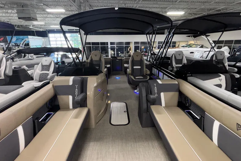 Slide: The Image of Luxurious 2026 Viaggio Z24U pontoon boat interior with plush seating and modern design. - 22
