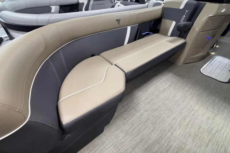 Slide: The Image of Luxurious seating in 2026 Viaggio Z24U boat, featuring beige and gray upholstery. - 23