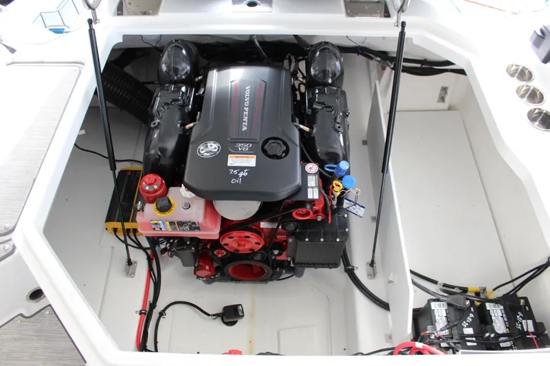 Slide: The Image of 2025 Cobalt R8 boat engine compartment with Volvo Penta 350 V8 engine. - 24