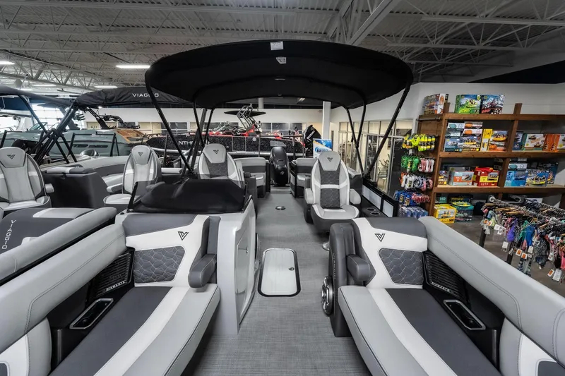 Slide: The Image of Luxurious 2026 Viaggio D22U pontoon boat interior with plush seating and modern design. - 14