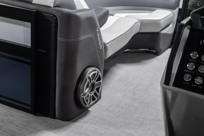 Slide: The Image of Interior of 2026 Viaggio D22U boat with sleek seating and modern speaker design. - 19