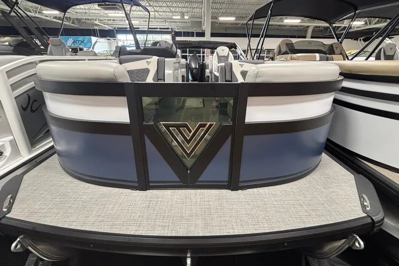 Slide: The Image of 2026 Viaggio D22U pontoon boat with sleek design and modern seating arrangement. - 2
