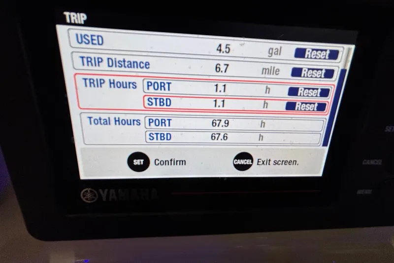 Slide: The Image of Yamaha display showing trip data for 2020 Cobia 280 Dual Console boat. - 11