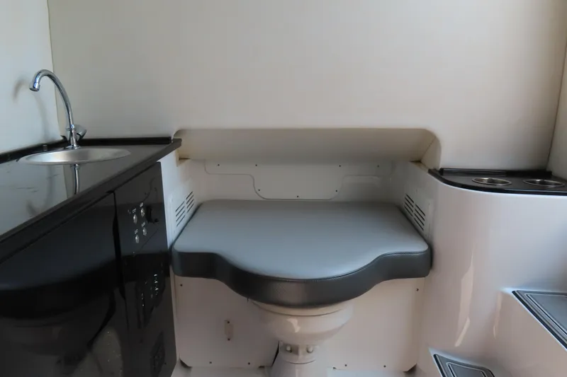 Slide: The Image of 2021 Sunsation 34 CCX boat interior with sink, seating, and cup holders. - 26