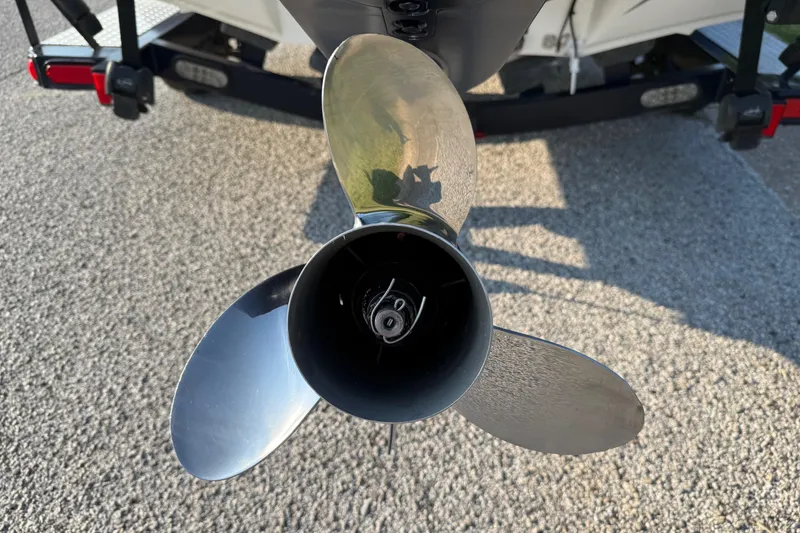 Slide: The Image of Close-up of a 2008 Bee Line 286 Pro Vee boat propeller on a trailer. - 14