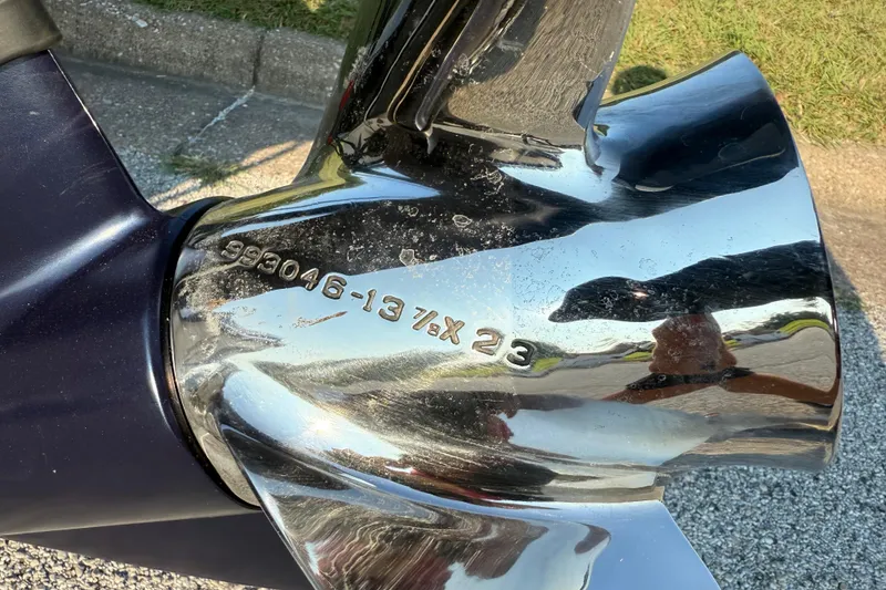 Slide: The Image of Close-up of a polished propeller on a 2008 Bee Line 286 Pro Vee boat. - 15
