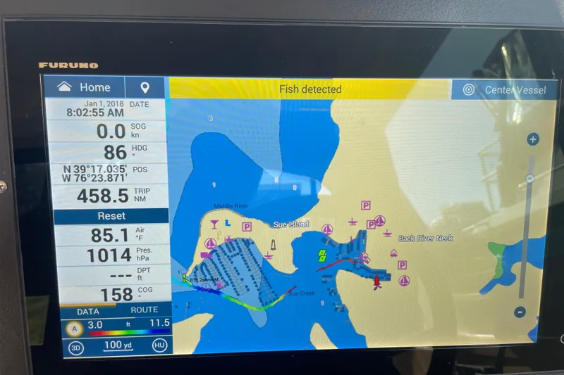Slide: The Image of Furuno marine GPS display showing navigation data and map on Albin 28 Tournament Express, 1999. - 3