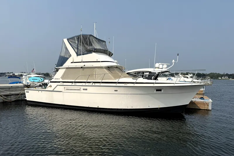 The Image of 1978 Bertram 42 Convertible yacht docked at marina, side view. - 0